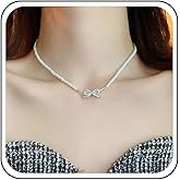 Andelaisi Boho Pearl Necklace Choker Pearl Bow Chain Choker Necklace Round Imitation Pearl Chain Necklace Wedding Bridal Pearl Necklace Chain for Women(Style A)