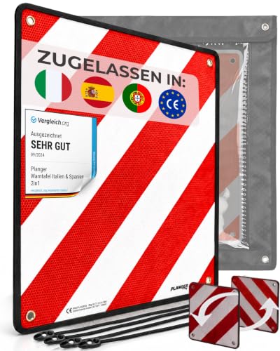 PLANGER® - Warntafel Italien und Spanien u Portugal 3in1 (50 x 50 cm) (Schild + Tasche + Spanner) - Reflektierendes Warnschild rot weiß für Heckträger