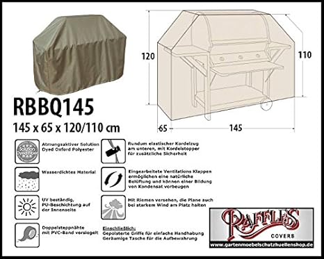 Raffles Covers RBBQ145 Grillabdeckung 145 x 65 H: 120/110 cm Wetterschutzhülle für Grill, Abdeckplane BBQ