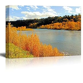 Canvas Prints Wall Art - Beautiful Autumn Scenery Colorful Fall Foliage Along a River | Modern Wall Decor/Home Art Stretched Gallery Wraps Giclee Print & Wood Framed. Ready to Hang - 12" x 18"