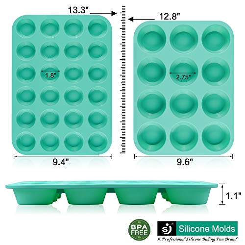 SJ European LFGB Silicone Muffin Pan, Mini 24 Cups and Regular 12 Cups Cupcake Pans, Food Grade Silicone Molds for Baking, Mint Green, Non-Stick & BPA Free, Pack of 2