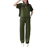 GarRela Women's 2 Piece Outfits Summer Casual Short Sleeve Pullover Tops Wide Leg Pants Sets Jumpsuits