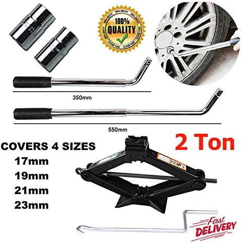 2 Ton Strong Steel Scissor Jack with Speed Crank Handle - Ideal For Emergency Road Side Car Vehicle Tyre Change+ 17mm/19mm/21mm/23mm Wheel Brace Socket Nut Tyre for BMW/Audi/Vauxhall/Mercedes A Class