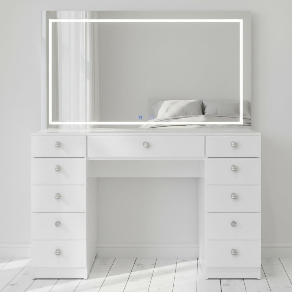 Photo 1 of *PARTIAL SET*
Boahaus Amelia Large Makeup Vanity Desk with Dimmable LED, 2 Bluetooth Speakers, USB Type C & Type A, 110 V Power Outlet, 11 Drawers, Crystal Knobs, Premium White