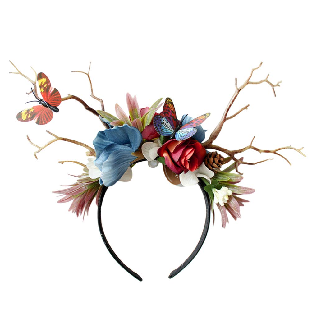 Minkissy Antlers Flowers Headband, Butterfly Flowers Antlers Hair Hoop Adjustable Flower Headband Floral Garland Crown for Christmas Party