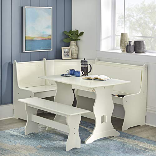 Target Marketing Systems 3 Piece Breakfast Nook Dining Set with a L-Shaped Storage Bench and a Trestle Style Dining Table and Bench, Antique White - Thumbnail 5