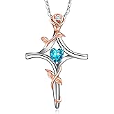 RIVIKO Rose Flower Cross Necklace for Women,925 Sterling Silver Birthstone Necklaces Heart Pendant,Cross Jewelry Anniversary Birthday Gifts for Women Wife Mom Lady