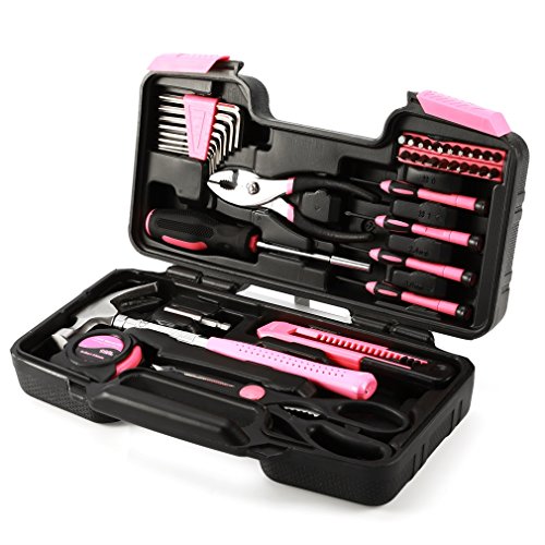 Household Tool Kit(39-piece), PREUP General Tool Set for Home Maintance Repair with Plastic Toolbox Storage Case, Pink