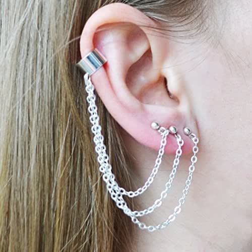 Earrings Hanging Chain Earrings Triple 3 Hole Silver Color