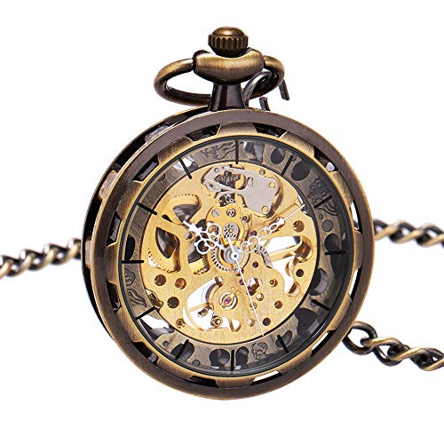 ManChDa Mens Steampunk Transparent Open Face Pocket Watch Skeleton Dial Bronze Case with Chain + Gift Box
