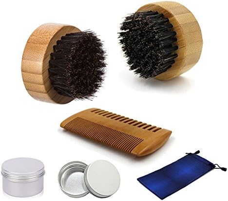 Mushroom Shape Beard Brush Beard Comb Set for Men Grooming, Styling, Shaping, Mustache Conditioning &amp; Distributing Oil 100% Bristle &amp; Natural Thicken Wooden Round Handle w/ Gift Box &amp; Bag