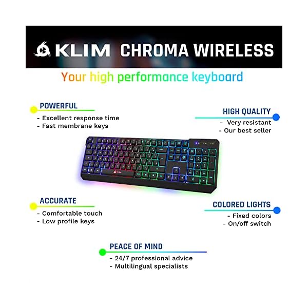 KLIM-Chroma-Wireless-Keyboard-UK-Layout-Slim-Durable-Ergonomic-Quiet-Waterproof-Silent-Keys-Backlit-Wireless-Gaming-Keyboard-For-Laptop-PC-Gamer-PS4-Mac-NEW-2021-VERSION-Black KLIM Chroma Wireless Keyboard UK Layout + New version 2023 + Slim, Durable, Ergonomic, Quiet, Waterproof, Silent Keys…