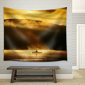 Early Morning Sunrise, Boating on The Lake in The Sunlight - Fabric Wall Tapestry Home Decor - 51x60 inches