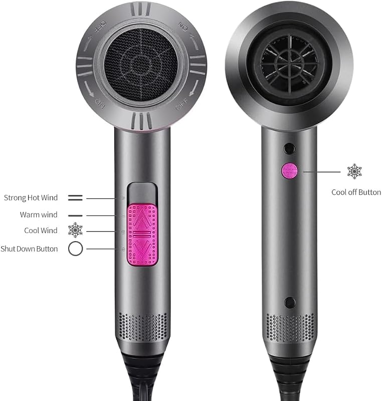 Föhn Ionen Haartrockner mit AC-Motor, schnellem trocknender Professioneller Fön mit 2 Geschwindigkeits- und 3 Hitzeeinstellungen, Kaltlufttaste, drehbarem 1 Diffusor & 2 Konzentratoren Grau