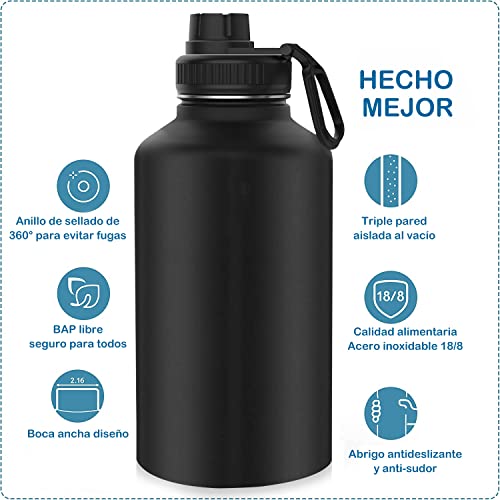 1920ml/64oz Termo de Acero Inoxidable,Termo de Agua con 2 Tapas y con chaqueta de aislamiento, Doble Pared y Tapa Hermética Antigoteo, ara Agua Fría (24 horas) o Caliente (12 horas).