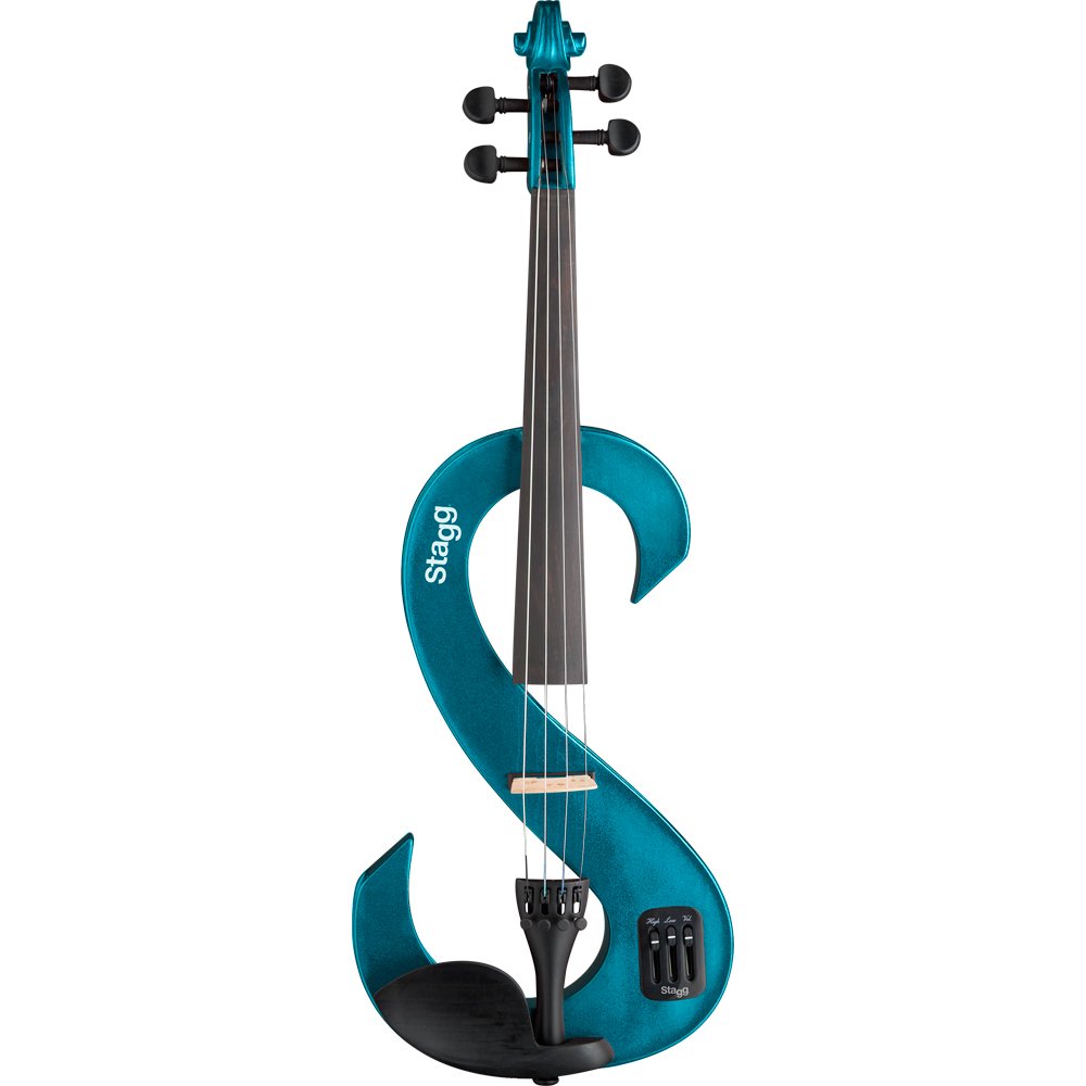 Stagg Full Size 4/4 Electric Silent Violin Set with Bow, Hard Case, Strap, Stereo Headphones and Rosin, Metallic Blue, S Shape