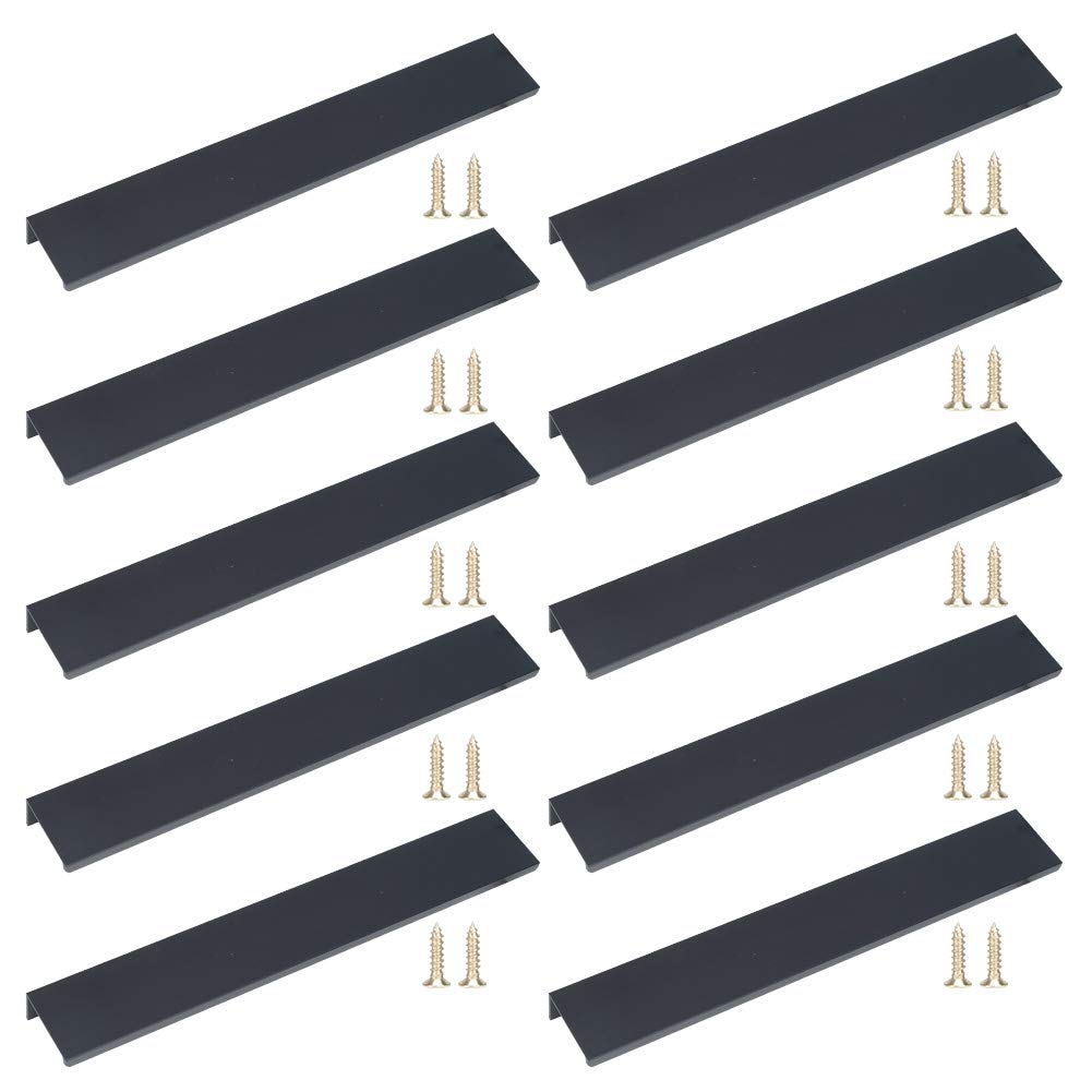 JNRFTY 10Pcs Mount Finger Edge Pull,Hidden Drawer Pulls,Aluminum Hidden Handle Concealed Tab Pulls for Home Kitchen Door Drawer Cabinet (Black,200mm Total Length)