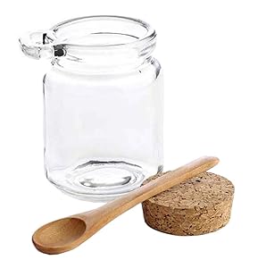 1PC 250ml/8.5oz Refillable Empty Clear Glass Round Bath Salt Seasoning Sauce Jar Honey Sugar Cruet Powder Pot Bottle Kitchen Storage Cosmetics Packaging Container With Cork Stopper And Wooden Spoon