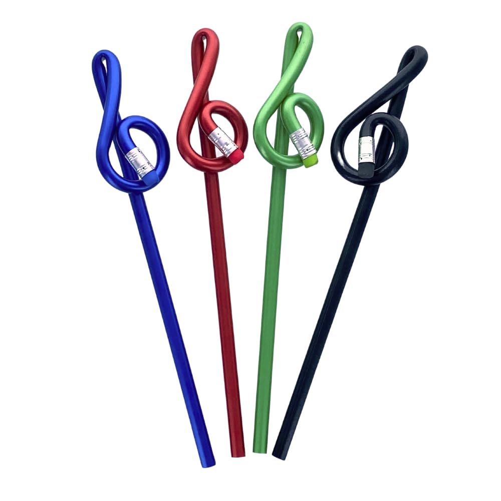 PartyErasers Music Themed 4pcs Treble Clef Shape Pencil with Eraser (4 colours pencils) for party bags, music gift, school or office use