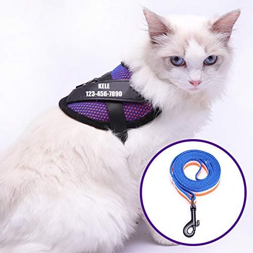 Cat Harness Custom – Personalized Cat Harness and Leash Set for Girl Boy Kitten Walking – Cute Cat Harness with Name Tag Patch – Escape Proof – No Choke No Pull (Blue)