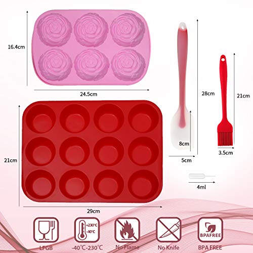 Silicone Muffin Pan and Cupcake Pans & Flower Chocolate Mold - Jeteven Large 12 Cup Muffins Tray,Fat Bombs Ice Cube,Jelly,Cupcake Baking Mold with 1x Spatula,1x Brush,20x Cupcake Pipettes - Thumbnail 3