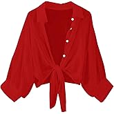 RoseSeek Women's Tie Front Chiffon Blouses Long Lantern Sleeve See Through Dressy Casual Shirts Cardigan