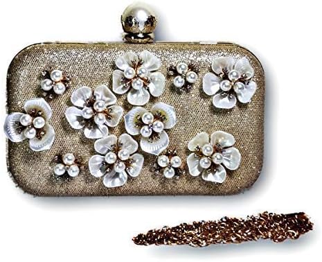 FUSEWINGS Women's Stylish Bridal wear Party wear Clutch cum Trendy and Elegant Side bag/Sling bag with metal sling for girls/ladies as party or wedding wear. Flower Beaded Satin Stylish Glittery (Gold)