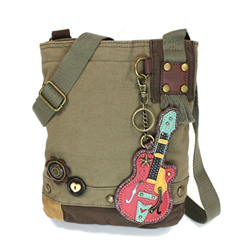 Canvas Cotton Cross-body Tote Bags with GUITAR Key Fob/ Coin Purse and Zipper Closure (Olive)