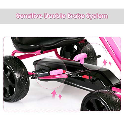 Costzon Pedal Go Kart, Pedal Powered Kids Ride on Car Toy, Children's 4 Wheels Riding Car Crazy Cart w/ Adjustable Seat, Foot Pedal, for Boys & Girls Age 3 to 8 Years Old, Indoor & Outdoor (Pink) - Thumbnail 3