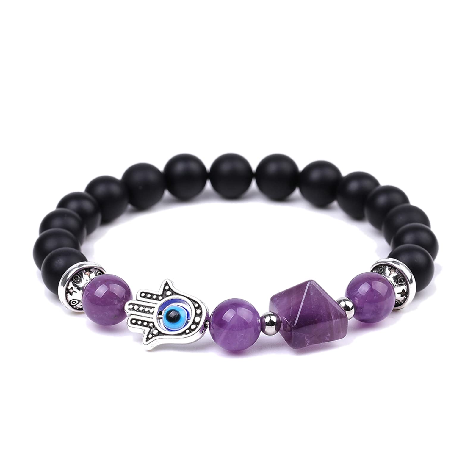 Healing Crystal Natural Amethyst Hand of Fatima Evil Eye Stretch Beaded Bracelet for Yoga Balancing Reiki 1Pcs
