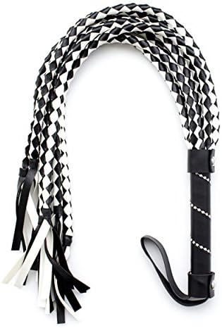 Soft Genuine Leather Equestrian Horse Sport Flogger and Whips With Handle Floggers Black&amp;white