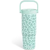 SANDJEST Leopard Skin Stainless Steel Straw Lid Tumbler 30oz with Carry Handle for Women Girls, Insulated Travel Coffee Cup, Gift for Sports Outdoor Workout Christmas Birthday (Mint)