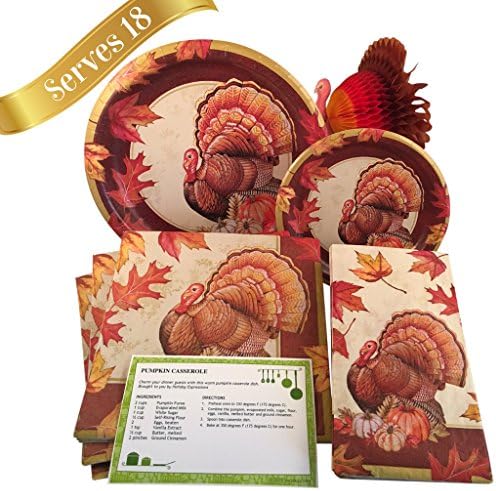 Thanksgiving Paper Plates and Napkins Set Serves 18 Guests with Recipe Card and Turkey Centerpiece