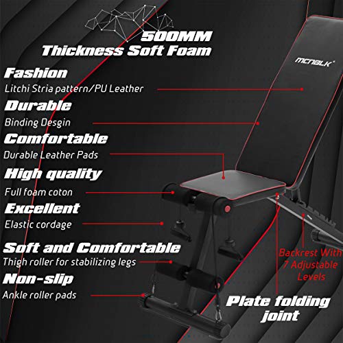 KINGMAZI Adjustable Weight Bench, Exercise Workout Bench for Full Body Workout- Multi-Purpose Foldable Bench, Folding Dumbbells Bench with Elastic Ropes, 400lbs Capacity