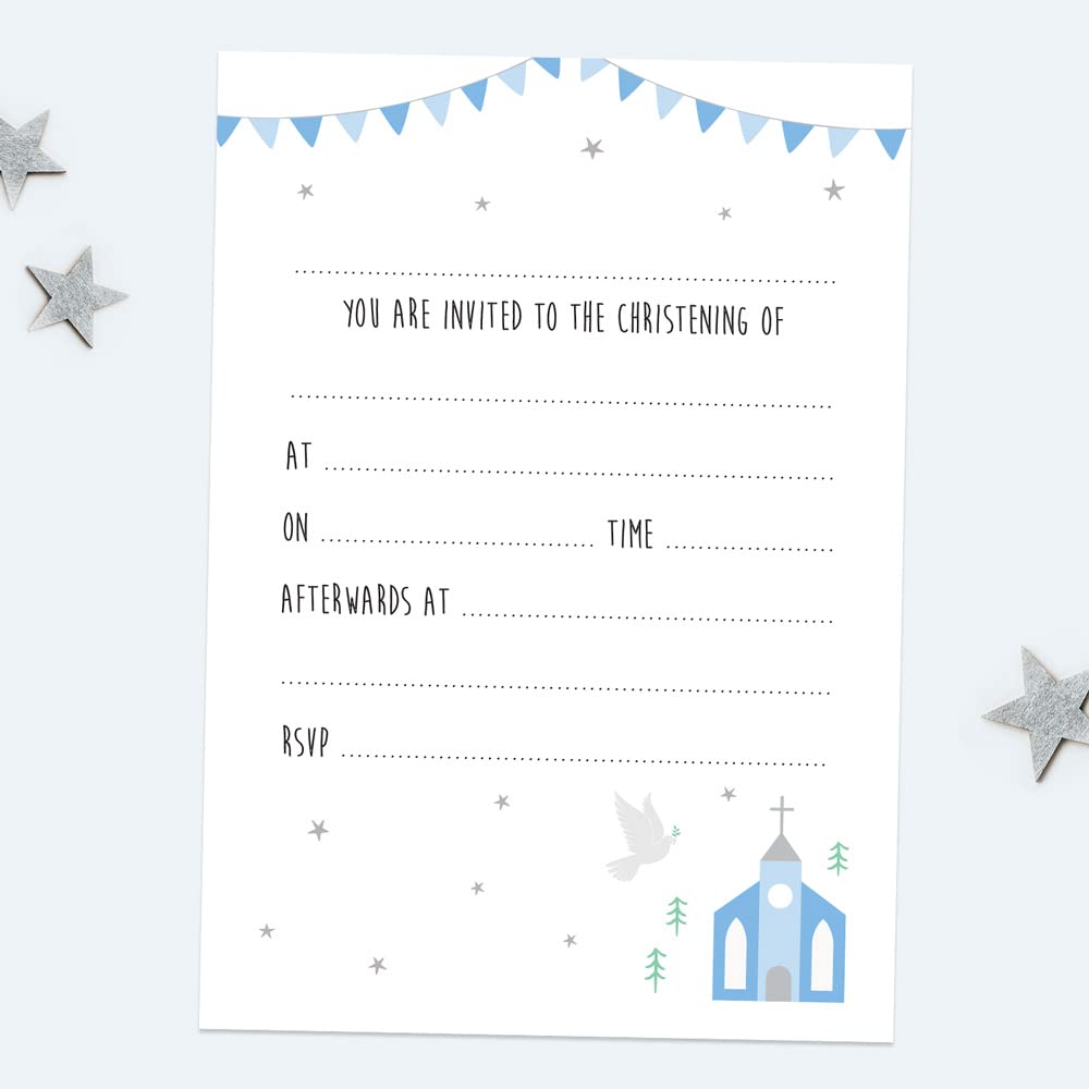Dotty about Paper Christening Invitations - Cute Blue Church - Pack of 10 (3217)