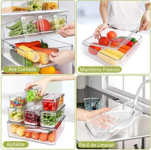Ausein Juego de 14 Organizadores de Refrigerador, Contenedores de Acrilico de Nevera Transparentes con Tapas, Recipientes para Congelar Alimentos sin BPA para Frutas y Verduras, para Cocina