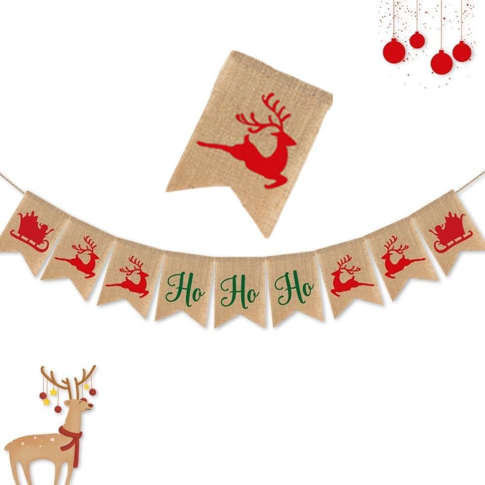 Merry Christmas Burlap Banner Ho Ho Ho Banner Jute Bunting Fireplace Bunting Rustic Hanging Holiday Xmas Party Indoor Outdoor Vintage Joyeux Noel Decoration with Reindeer Sledges Garland Pre-Assembled