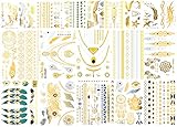 20 Sheets Premium Metallic Tattoos - 300+ Shimmer Designs in Gold, Silver, Black and Turquoise - Temporary Fake Jewelry Tattoos - Bracelets, Feathers, Wrist and Arm Bands
