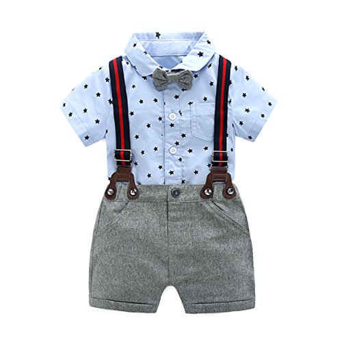 Baby Boys Gentleman Outfits Suits, Infant Short Sleeve Onesies+Bib Pants+Bow Tie Clothing Sets,Blue,59(3-6M)