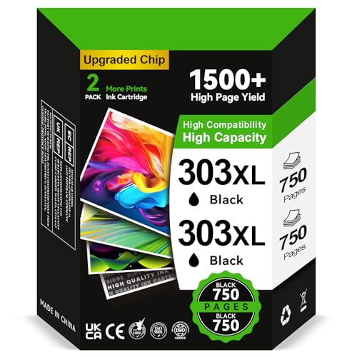 303 XL Black Ink Cartridges – 2 x 750 Pages, 303 Black Cartridge Replacement for HP 303 Original Black, 303XL for Envy Photo 7134 7830 6232 6230 7130 6220 6234 7100 7155 7800 7833 4 785 5 7864