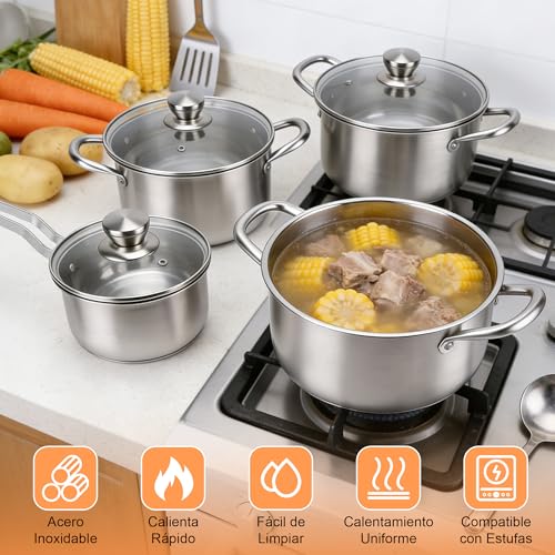 MEKOTRIN Cookware Set 8 Pieces 304 Stainless Steel, Induction Pots and Pans Set with Glass Lids, Multi-Layer Saucepans for All Kitchens, Easy Cleaning