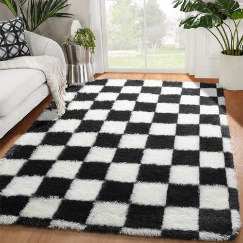 KICMOR Area Rugs for Bedroom Living Room, 4x6 Black and White Fluffy