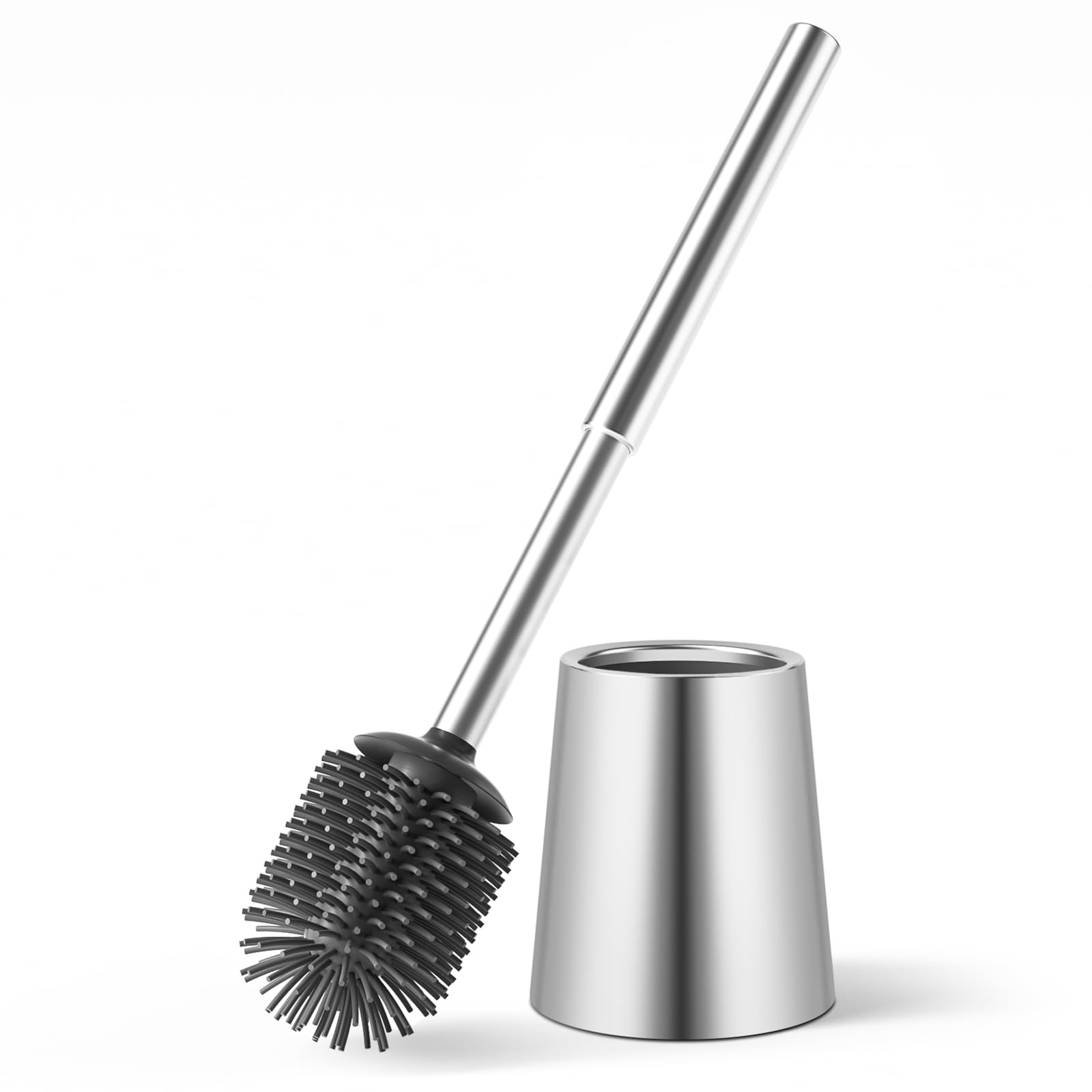Siapapla Silicone Toilet Brush and Holder Set, 304 Stainless Steel Brushed Metal Toilet Brush Set, Modern Bathroom Toilet Bowl Brush for Hygienic Storage, Compact Freestanding Design(Brushed Sliver)