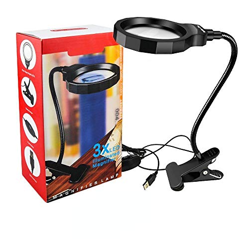 BicycleStore Magnifying Glass Light Illuminated Magnifier 3X LED Magnified Glass USB Powered Magnifier with Clip for Reading, Crafting, Jewelry Design, Hobby and More