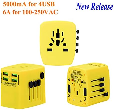 Cool Wall AC Adapter Worldwide Travel Adapter 5A Smart 4 USB Charging Port Universal Travel Adapter Power Plug Charger Yellow for Electronics Cell Phones Tablets Laptop by YuaDon