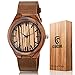 CUCOL Wooden Watches for Men Fashion Casual Watch Brown Cow Leather Strap Wood Watch with Box (Stripe)