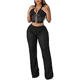 HWP Sexy Club 2 Piece Outfits for Women Lace Halter Neck Crop Tops Floral Flare Pants High Waisted