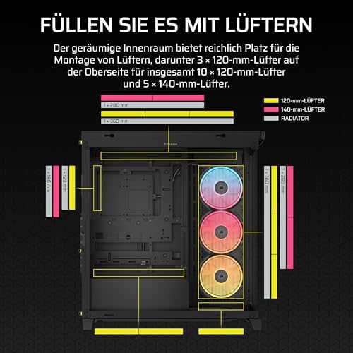 Frame 4500X LX-R RGB LINK Panoramaglas Mid-Tower-PC-Gehäuse – InfiniRail Lüftermontagesystem, Passend für Zwei 360 mm Radiatoren, GPU Anti-Sag, Enthält 3X LX120R RGB LINK Lüfter – Schwarz