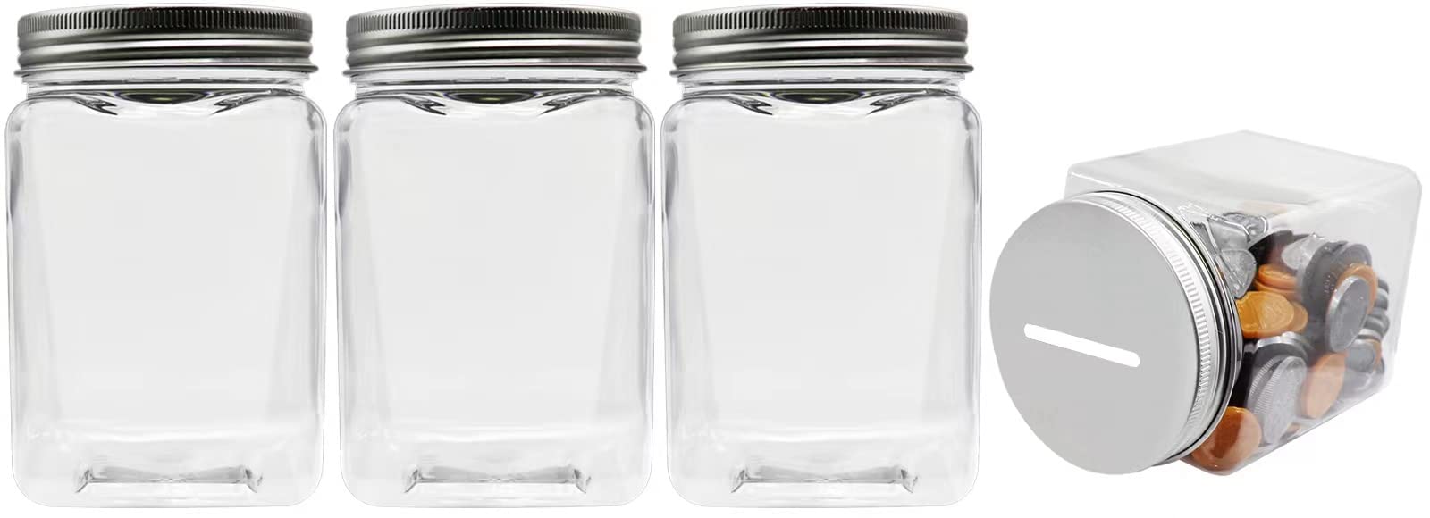 Mczcent Small Coin Bank Jars 4-Pack, 16oz Clear Plastic Coin Money Tip Coin Mason Jars with Silver Slotted Lids, Small Transparent Plastic Coin Money Piggy Banks Jars for Adults Teens Kids Girls Boys