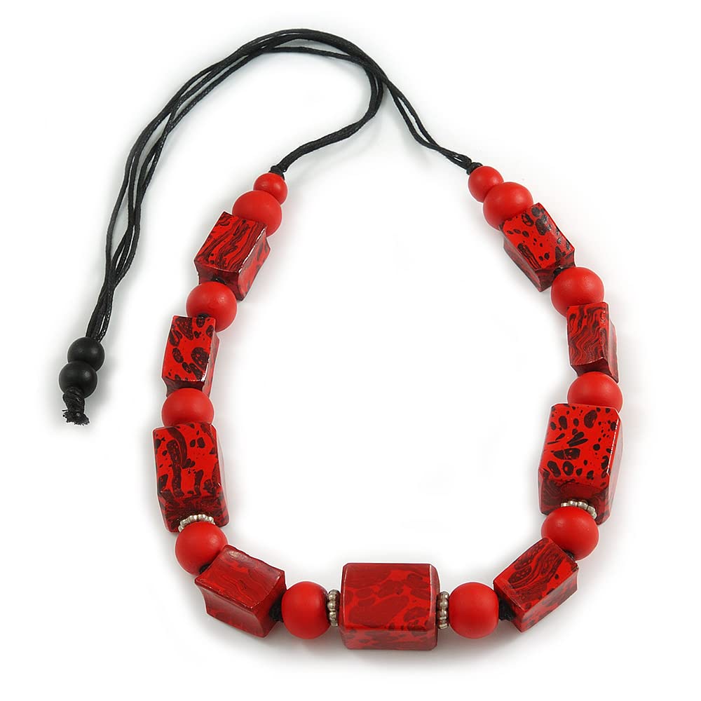 Avalaya Chunky Red with Animal Print Cube and Ball Wood Bead Cord Necklace - 90cm Max